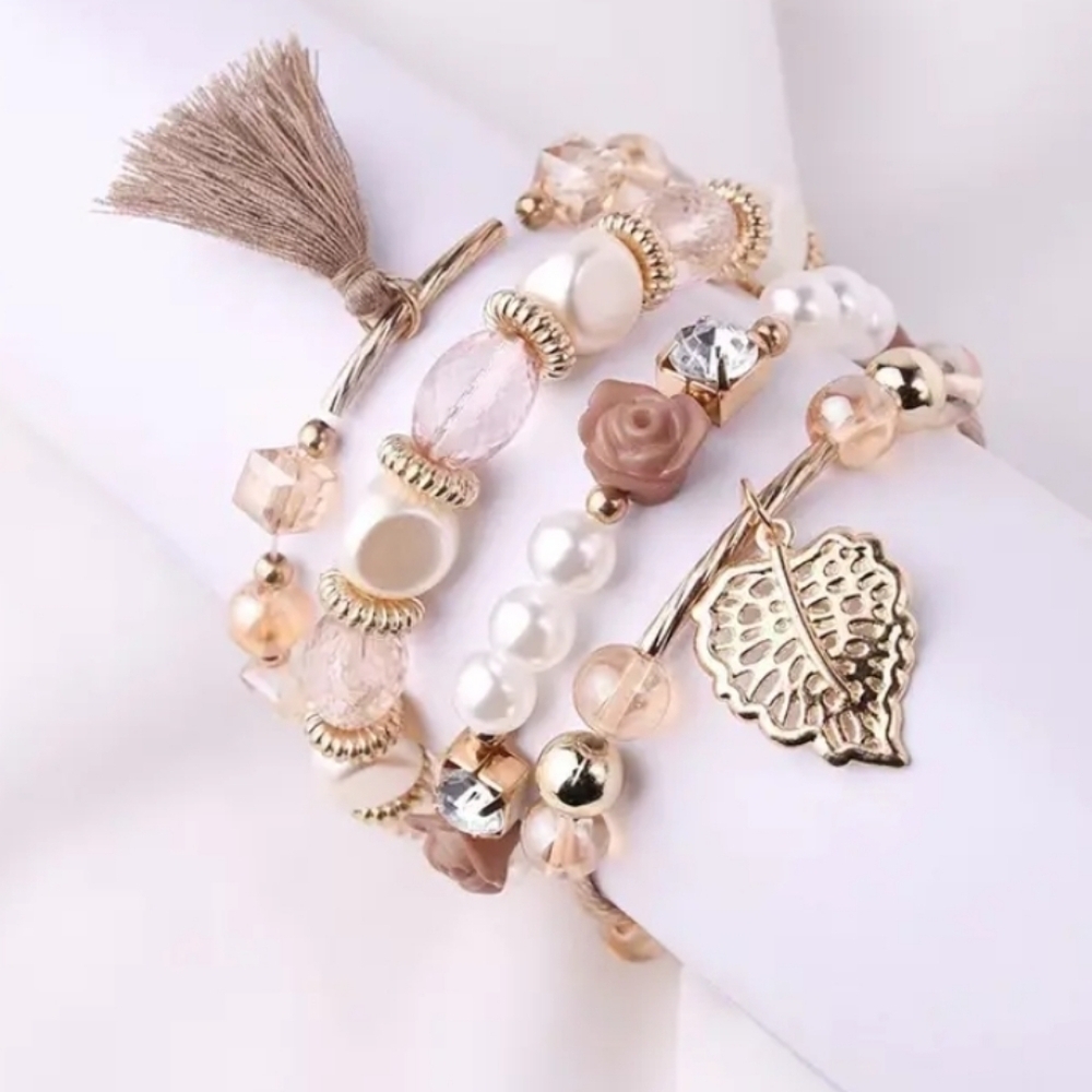 Pearls and Roses Beaded Stacked Boho Wrap Bracelet 14k Gold Plated